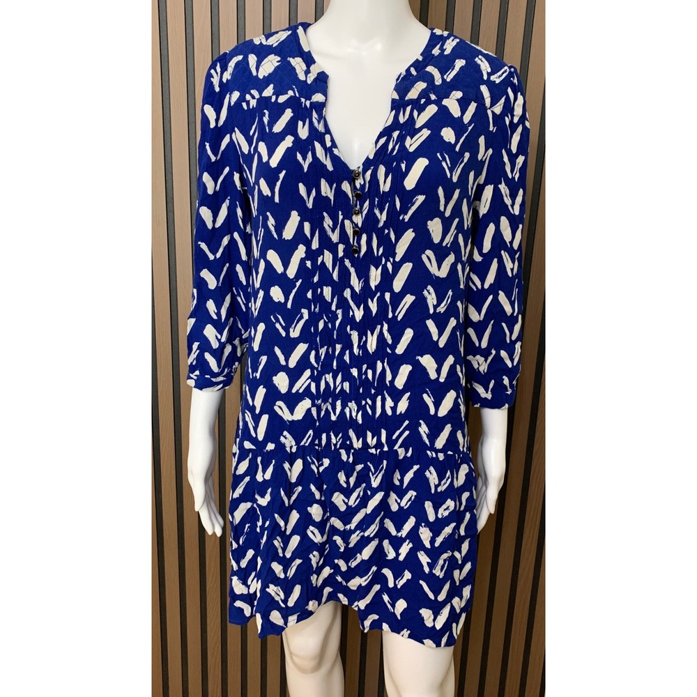 Maeve Anthropologie Blue White Abstract Print Pintuck Drop Waist Dress L